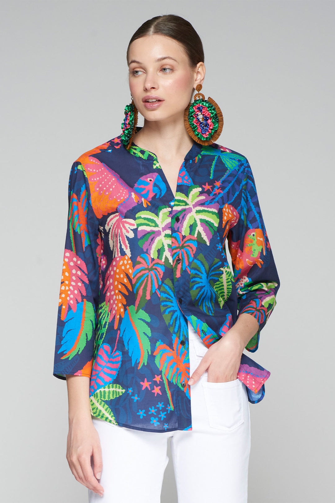 Vilagallo Juliet Blouse Blue Jungle Tropical Print 32277