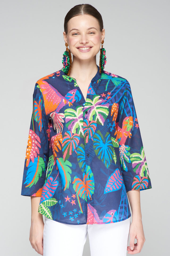 Vilagallo Juliet Blouse Blue Jungle Tropical Print 32277