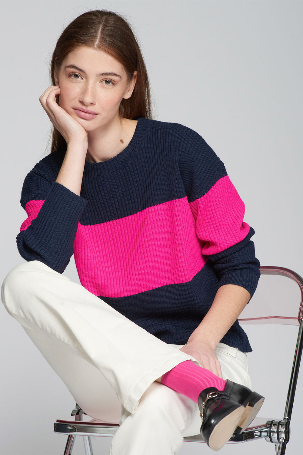 Vilagallo Jumper Block Stripe Navy Pink 31531 - Shriley Allum Boutique