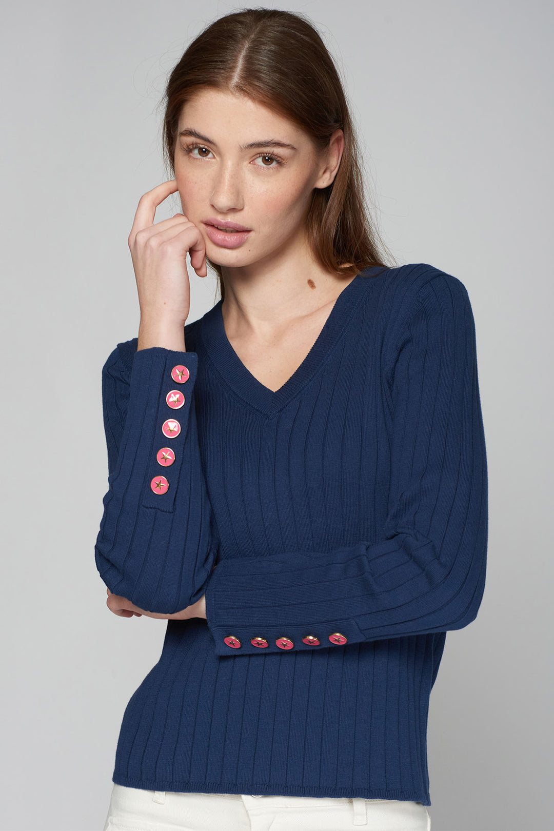 Vilagallo Jumper V-Neck Button Cuff Navy 31963 - Shirley Allum Boutique