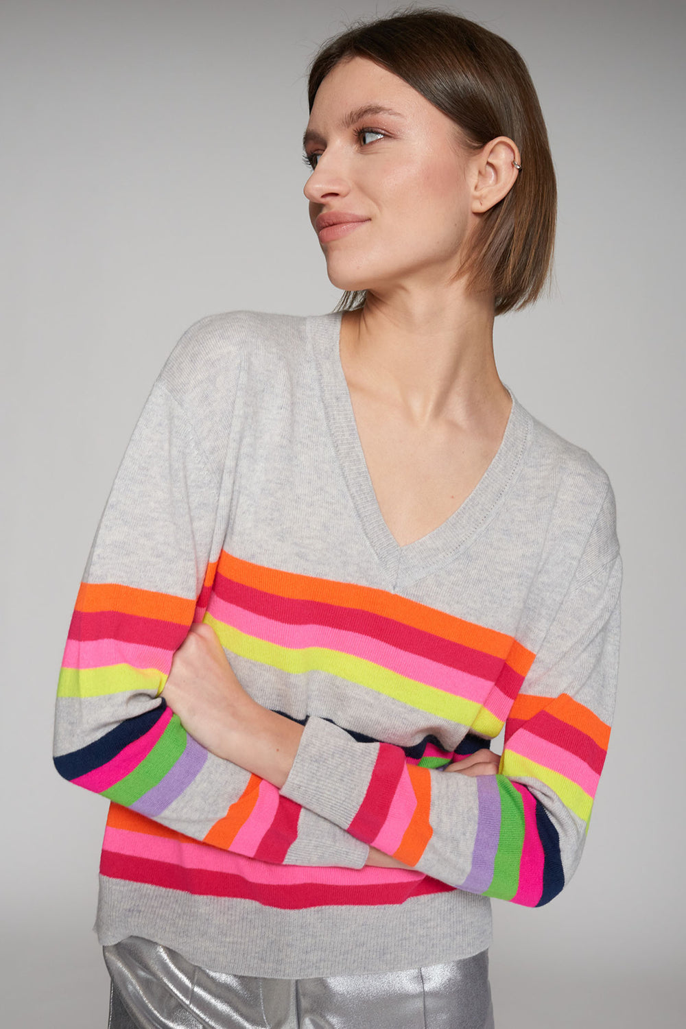 Vilagallo Jumper V-Neck Grey Multicolour Stripe 31525 - Shirley Allum Boutique