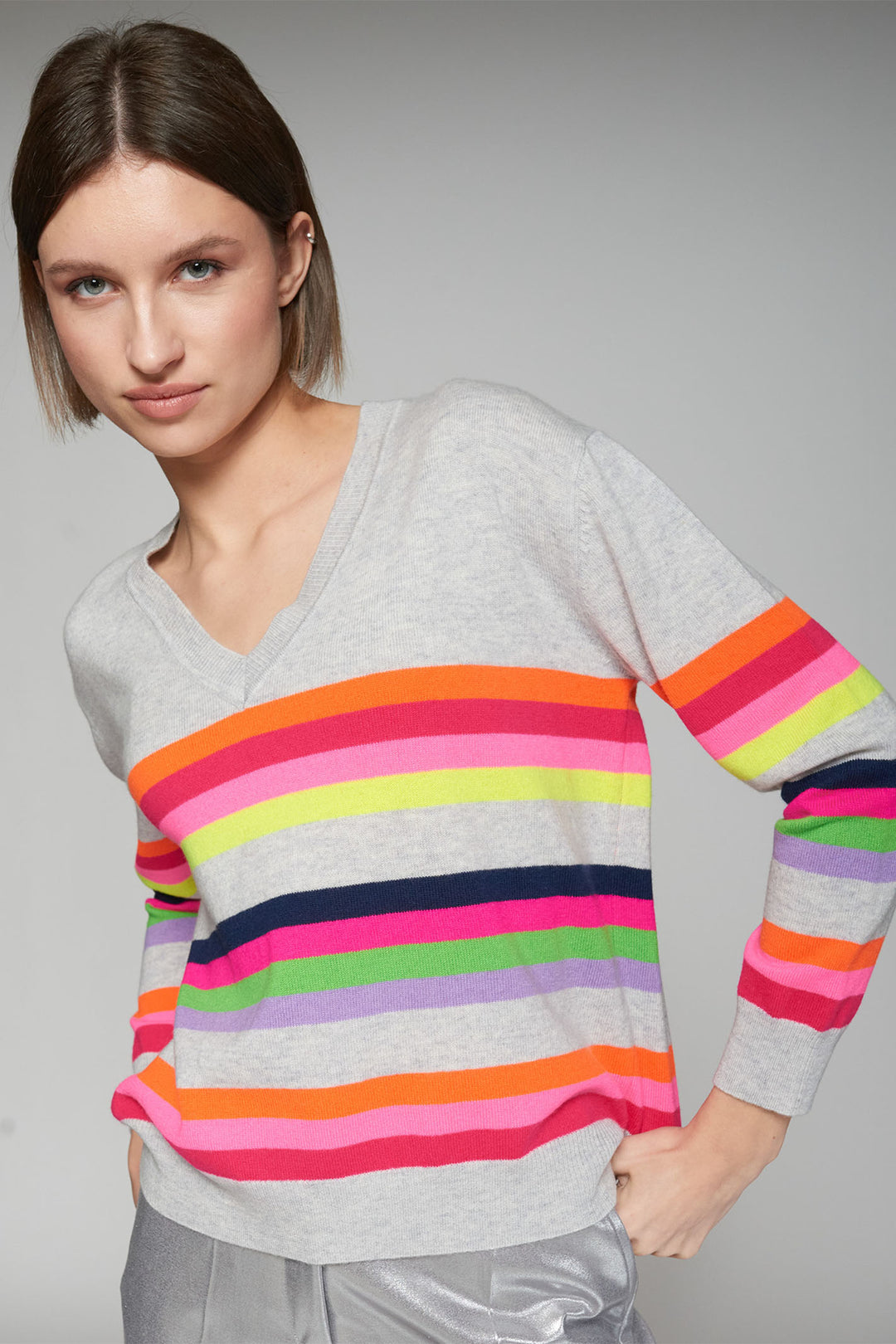 Vilagallo Jumper V-Neck Grey Multicolour Stripe 31525 - Shirley Allum Boutique