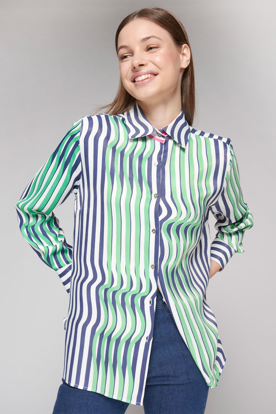 Vilagallo Mariela Shirt Raya Blue Green Pink Stripes 32321 - Shirley Allum Boutique