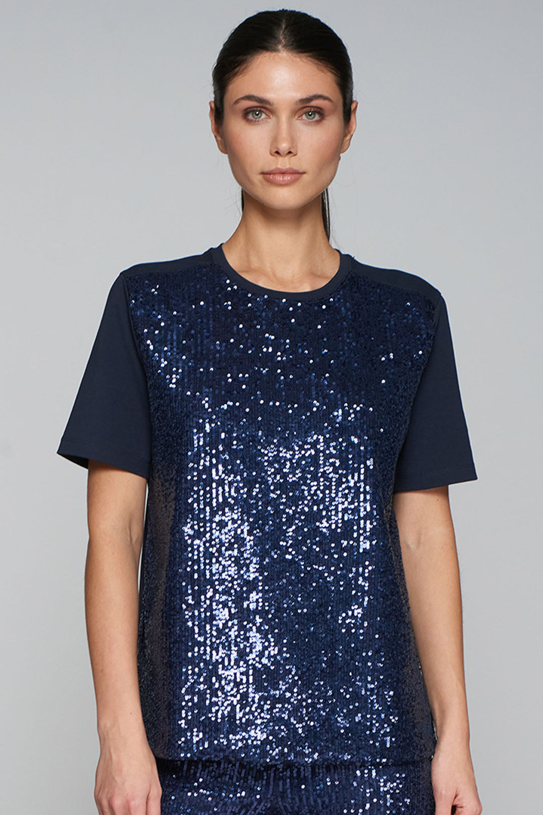 Vilagallo Top Navy Sequin Short Sleeve 31800 - Shirley Allum Boutique