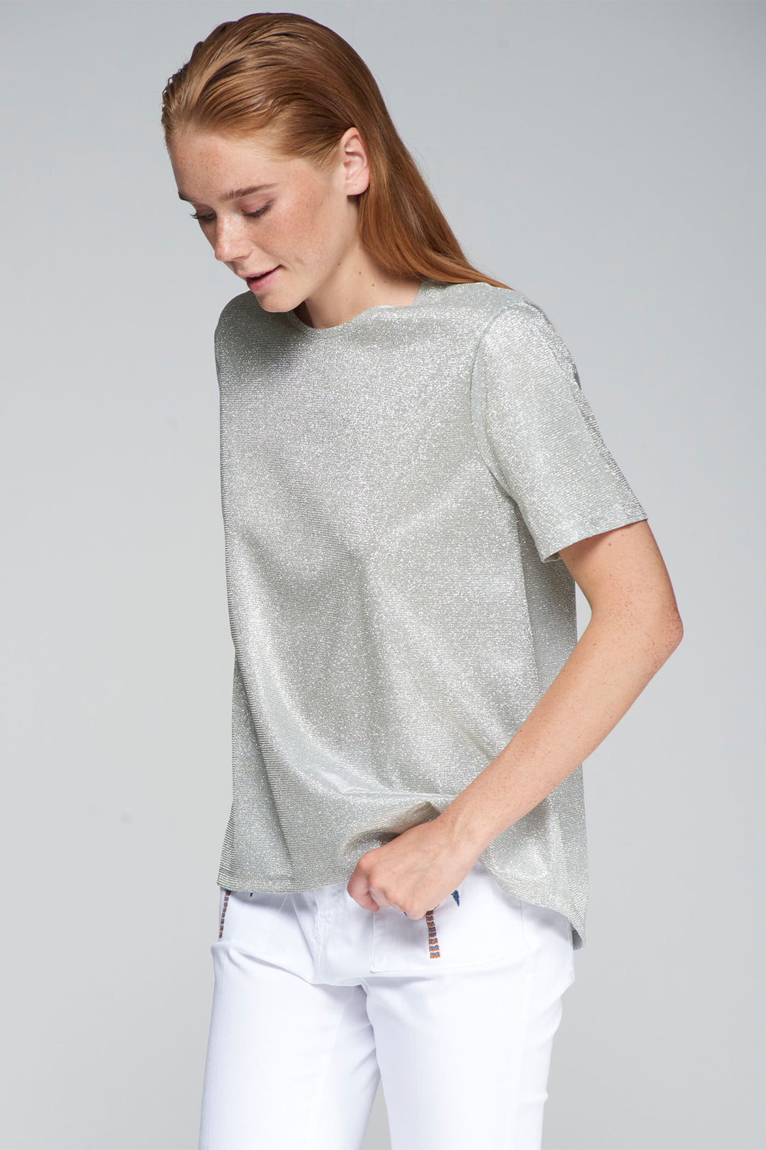 Vilagallo Tora T-Shirt Top Silver Lurex 32239 - Shirley Allum Boutique