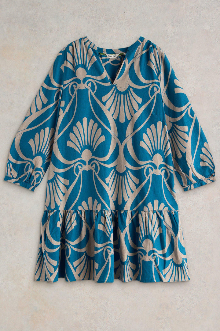 White Stuff Dress Otto Linen Blend Blue Print 442725 4B739F - Shirley Allum Boutique