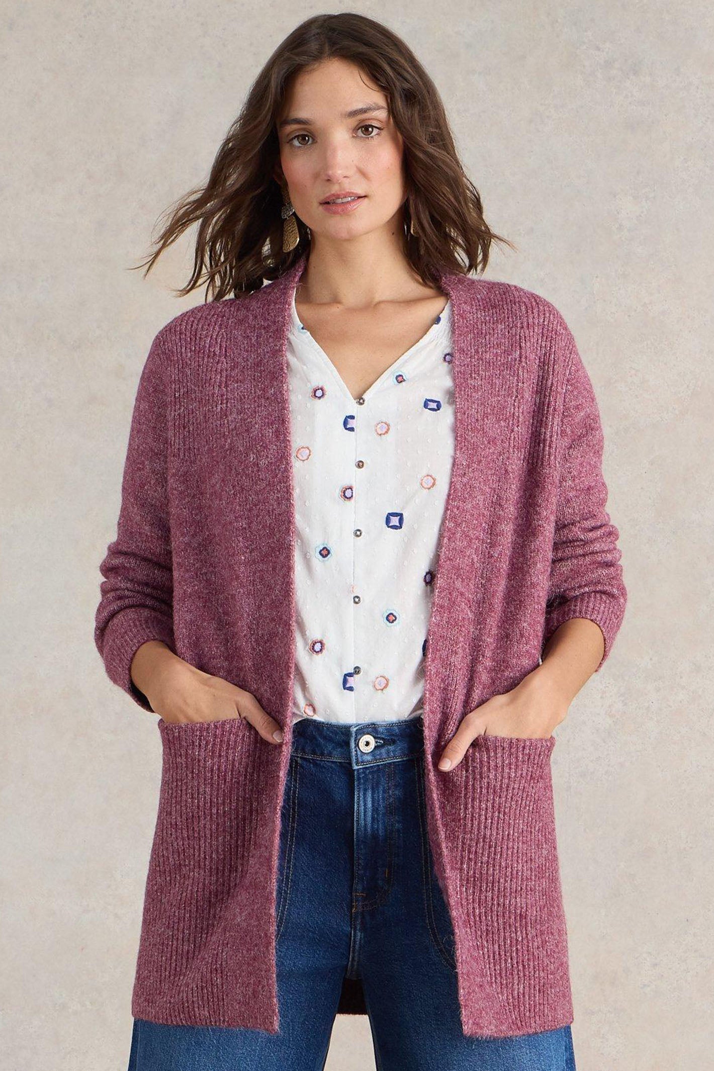 White Stuff Erin Longline Cardigan Dark Plum 441872 Shirley Allum Boutique