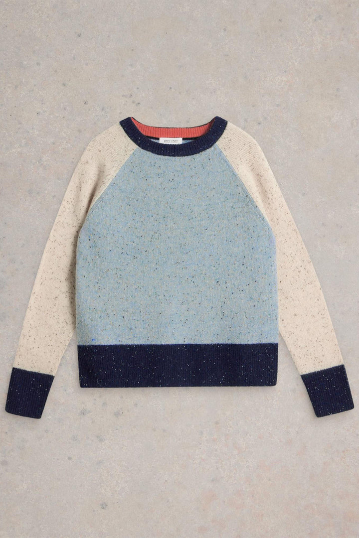 White Stuff Jumper Colourblock Nep Blue Multi 443047 606E99 - Shirley Allum Boutique