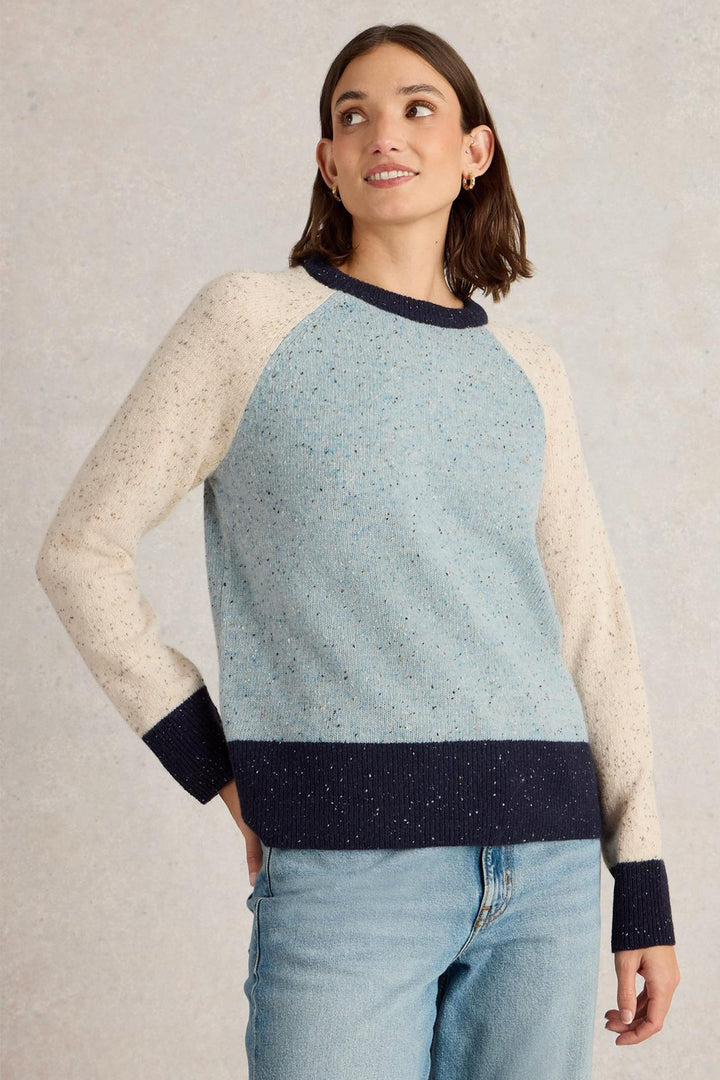 White Stuff Jumper Colourblock Nep Blue Multi 443047 606E99 - Shirley Allum Boutique