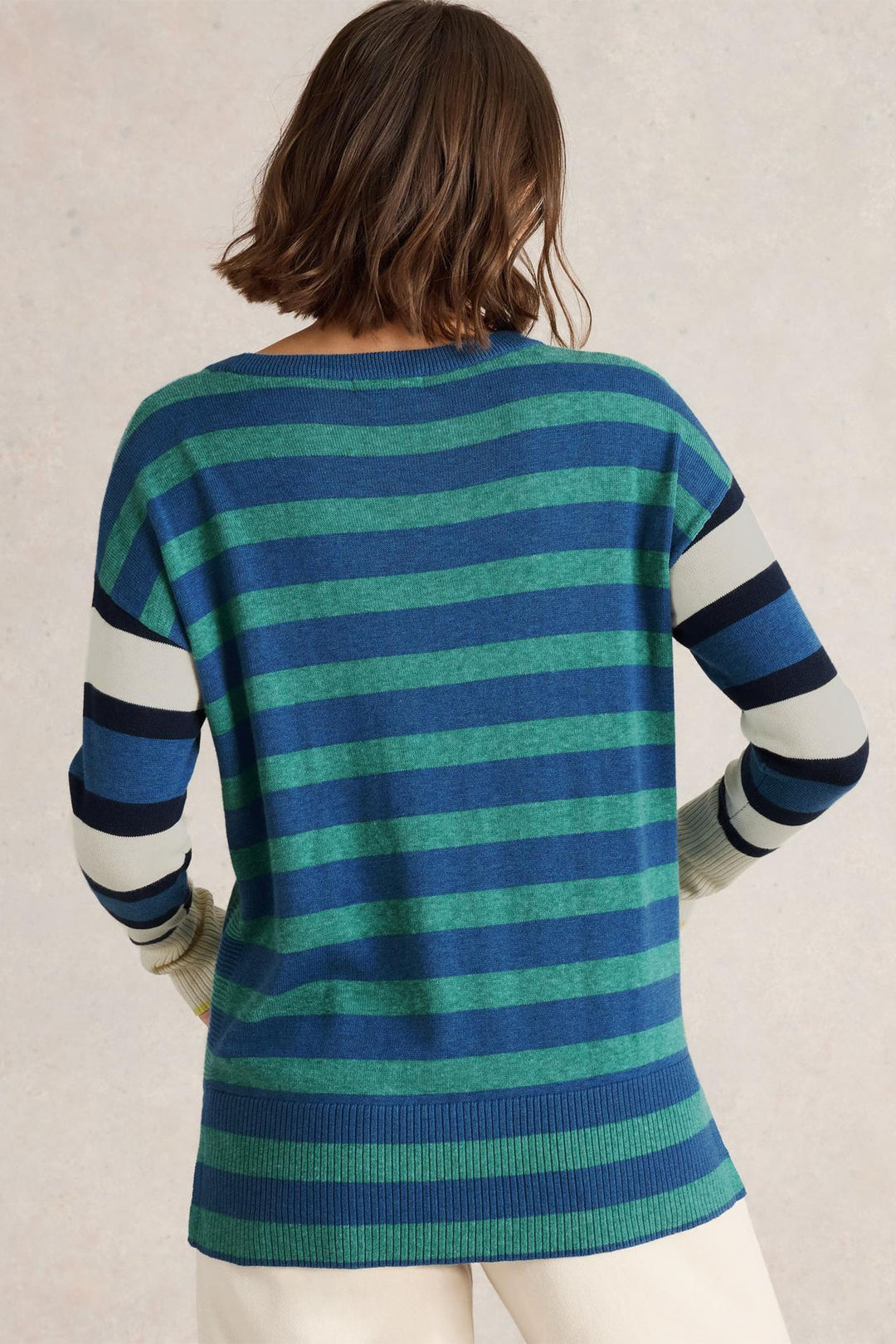 White Stuff Jumper Olive Stripe Blue Multi 443032 606E99 - Shirley Allum Boutique