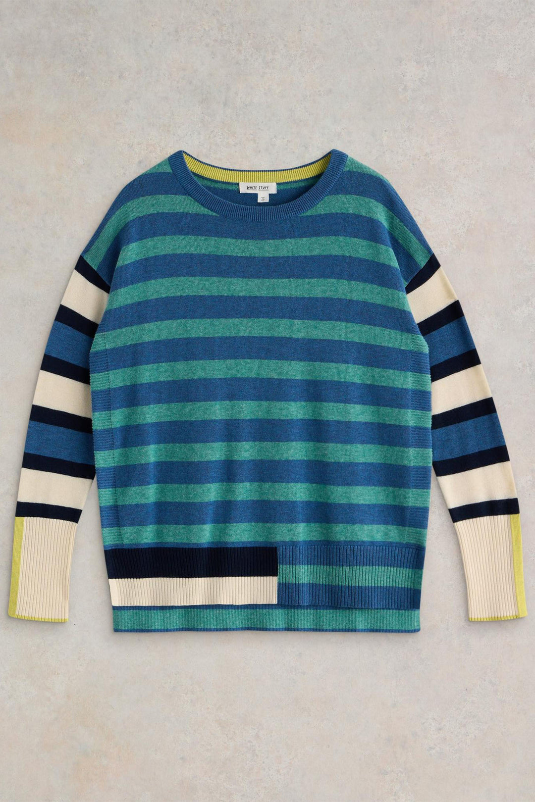 White Stuff Jumper Olive Stripe Blue Multi 443032 606E99 - Shirley Allum Boutique