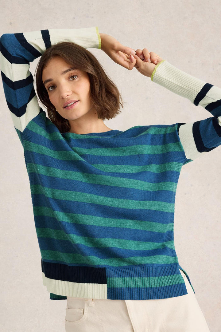 White Stuff Jumper Olive Stripe Blue Multi 443032 606E99 - Shirley Allum Boutique