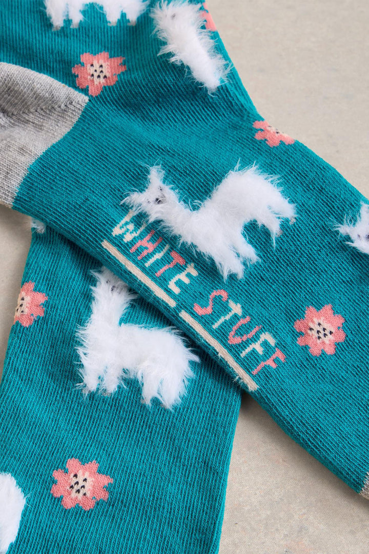 White Stuff Socks Fluffy Llama Ankle Length Bright Teal 442927 0D484D - Shirley Allum Boutique