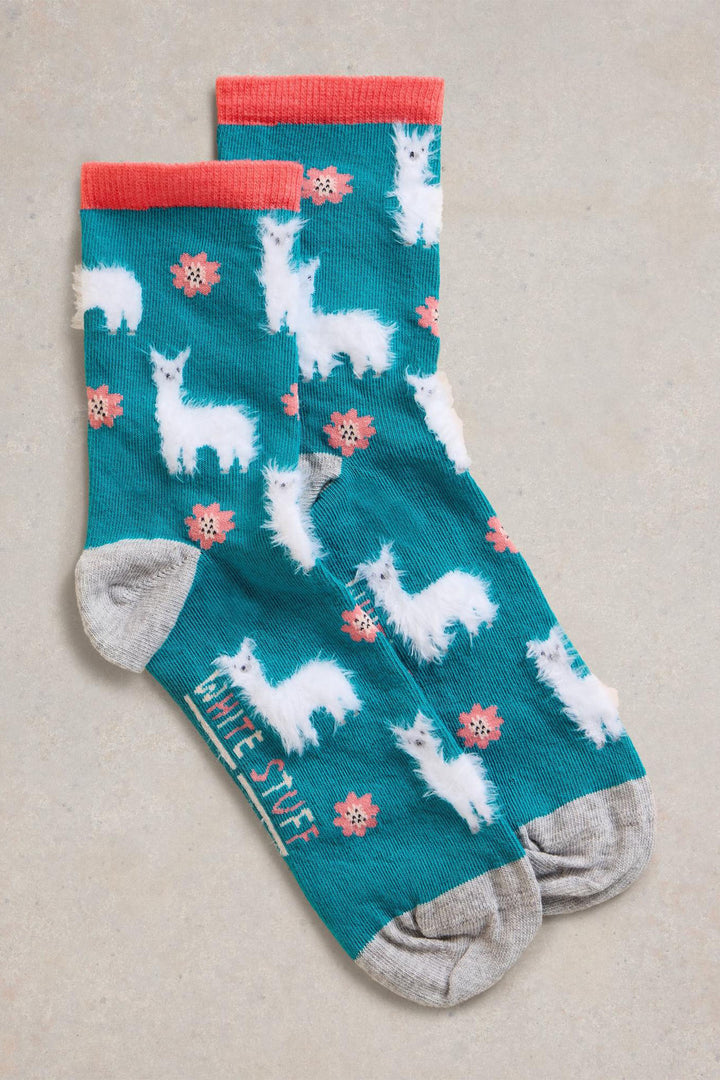 White Stuff Socks Fluffy Llama Ankle Length Bright Teal 442927 0D484D - Shirley Allum Boutique