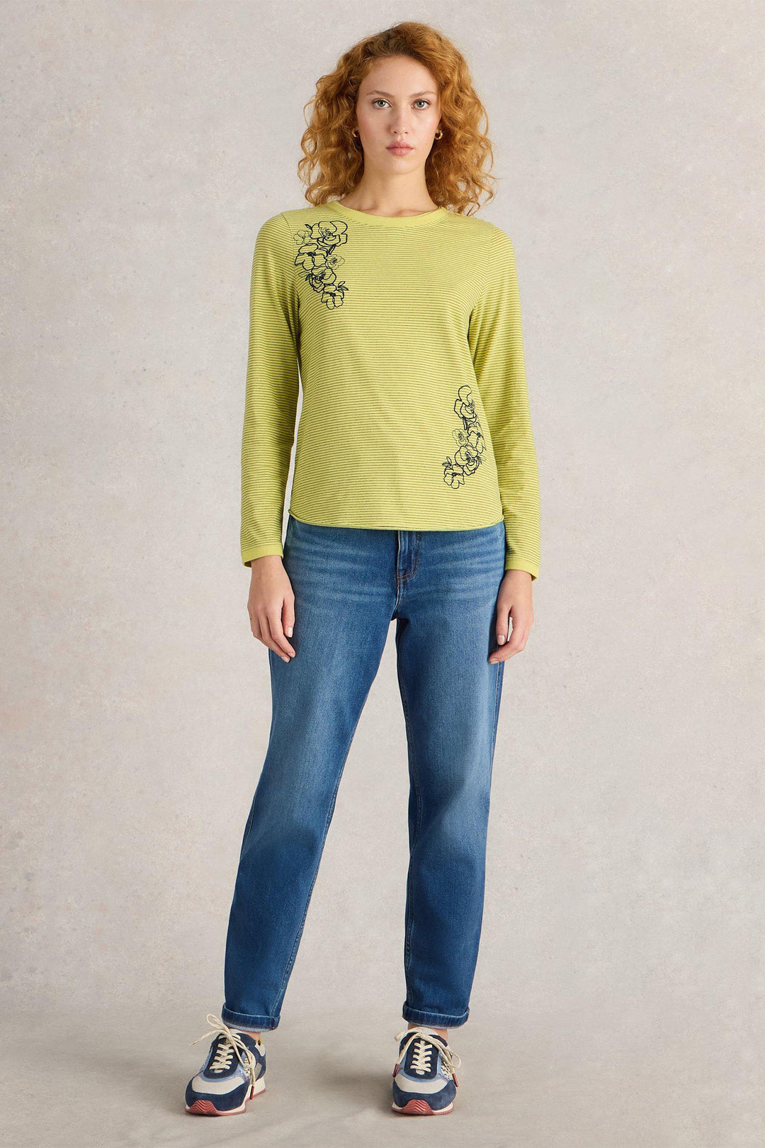 White Stuff T-Shirt Clara Long Sleeve Embroidered Yellow Multi 442993 - Shirley Allum Boutique