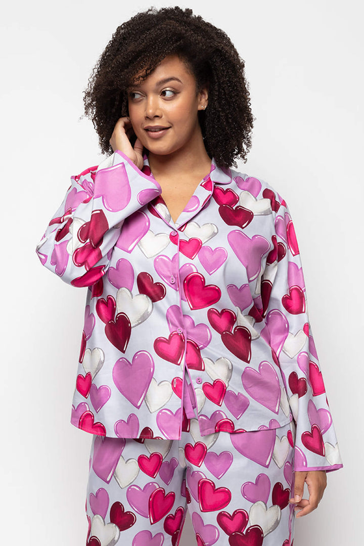 Cyberjammies 9558 Viola Heart Print Long Sleeve Grey Pyjama Top - Shirley Allum Boutique