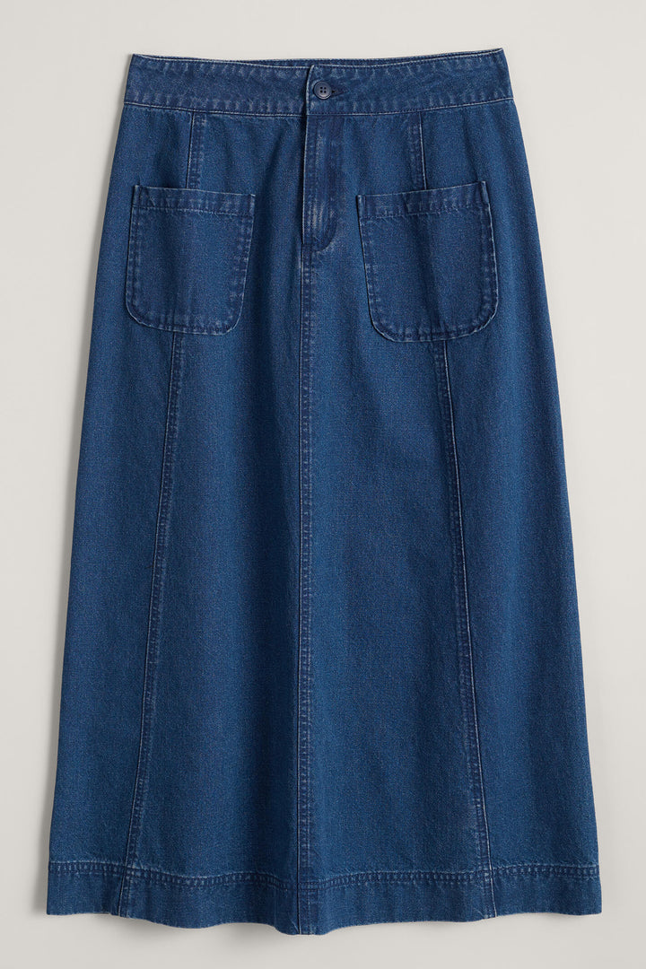 Seasalt Dusk Journey Mid Indigo Wash Blue Denim Midi Skirt - Shirley Allum Boutique